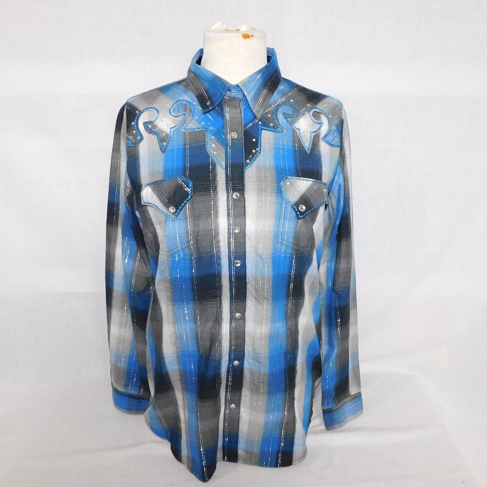 Rock 47 by Wrangler Blue Gray Silver Plaid Snap Western Shirt Bling Womens L